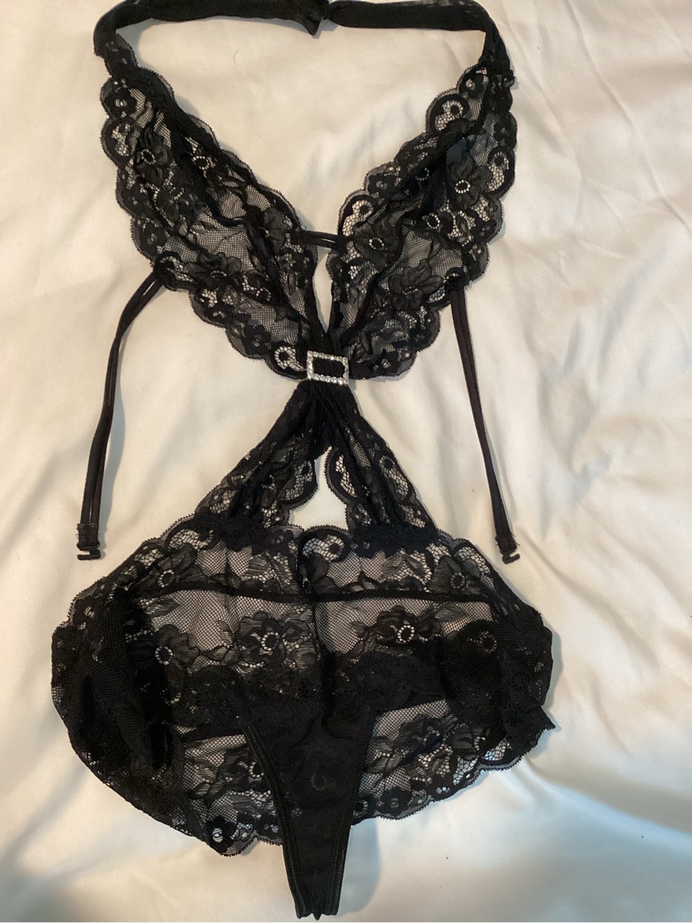 Black Lace Halter Teddy Bodysuit - Unbranded